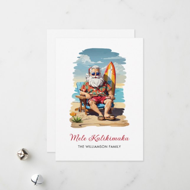 Fun Mele Kalikimaka Santa Surfboard Christmas Card (Front/Back In Situ)