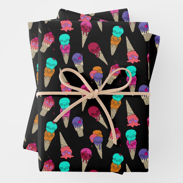 Fun Melty Summer Goth Skull Ice Cream weird black Wrapping Paper Sheet (In situ)