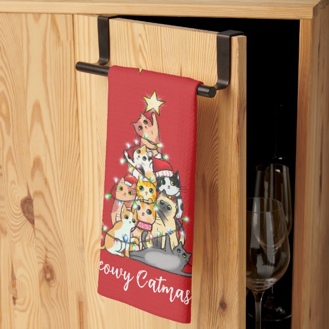 Fun Meowy Catmas Cats Christmas Tree Custom Tea Towel (Thirds Fold)