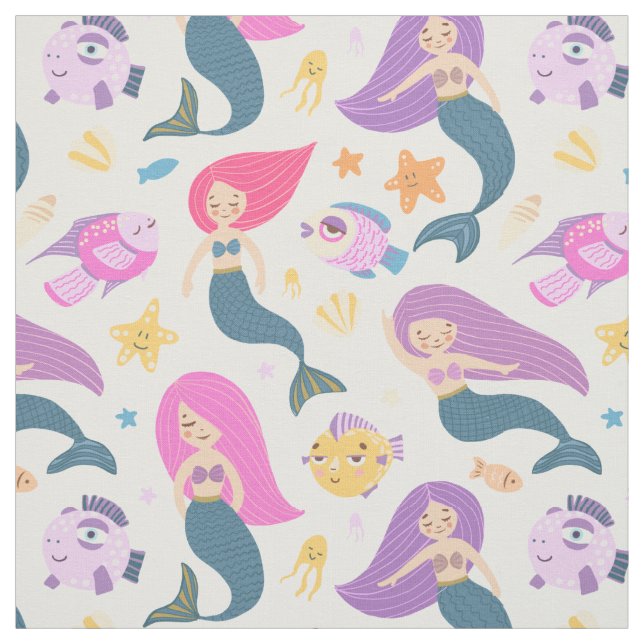 Fun Mermaid and Fish Pattern on White Fabric (Swatch)