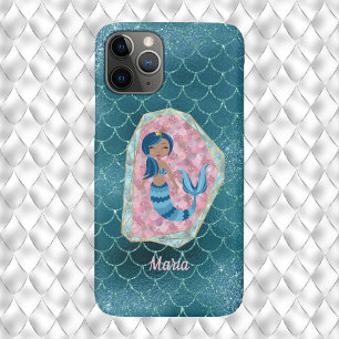 Fun Mermaid in Deep Aqua in a Pink Shell iPhone 11 Pro Case