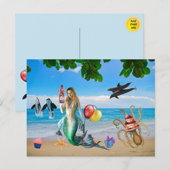 Fun Mermaid on the Beach Birthday PostCard (Front/Back)