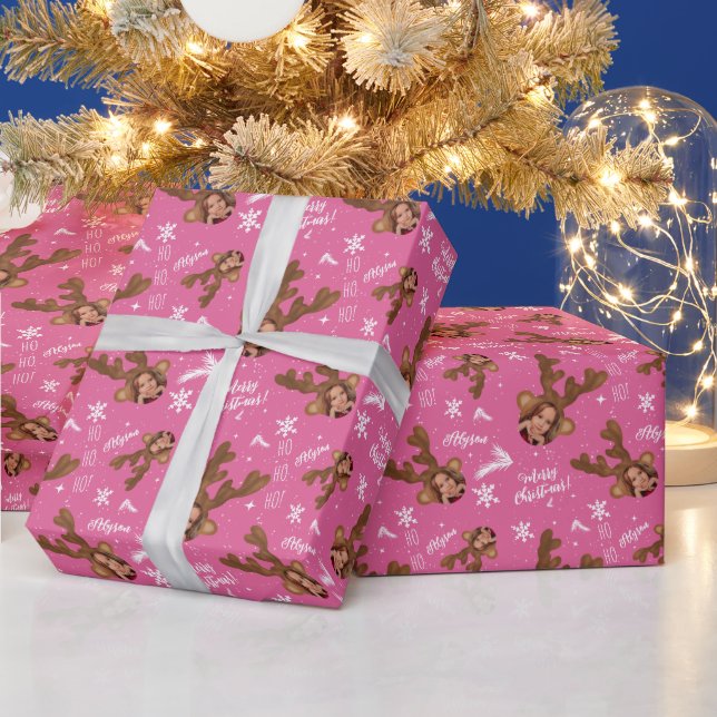 Fun merry Christmas antler illustration photo name Wrapping Paper (Holidays)