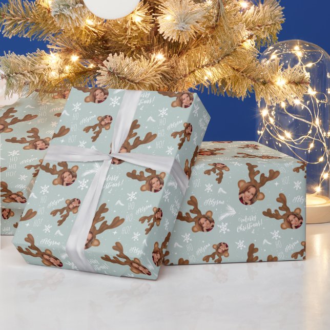 Fun merry Christmas antler illustration photo name Wrapping Paper (Holidays)
