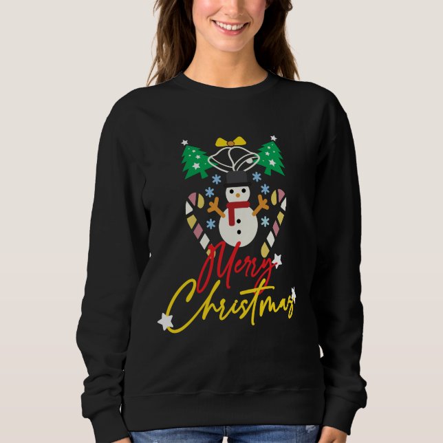 Fun Merry Christmas Design with Bells, Trees Sweatshirt (Front)