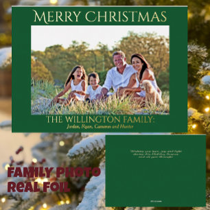 Fun Merry Christmas Green Family Photo Christmas Foil Holiday Card