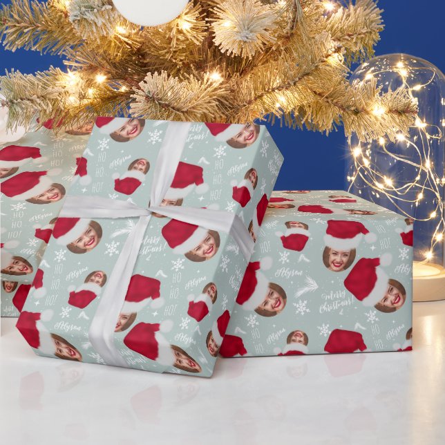 Fun merry Christmas hat illustration photo name Wrapping Paper (Holidays)