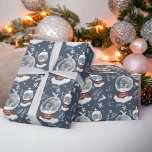 Fun merry Christmas illustration photo snowglobe Wrapping Paper<br><div class="desc">Cute fun merry Christmas illustration, add one photo and turn it into a cute winter snowglobe with snowflakes,  mountain,  snowman,  pine branches,  add your name and season's greetings! On editable blue.</div>
