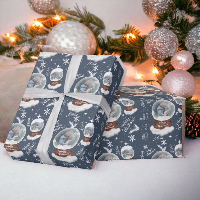Fun merry Christmas illustration photo snowglobe Wrapping Paper (Fun merry Christmas illustration photo snowglobe Wrapping Paper blue)