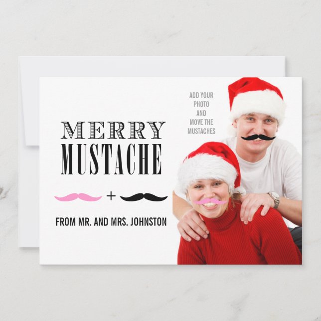 Fun Merry Christmas Moustache Photo Card Newlyweds (Front)