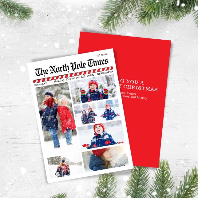 Fun Merry Christmas Photo Collage Newspaper Holiday Card (The North Pole Times Photo collage Holiday greeting card. )