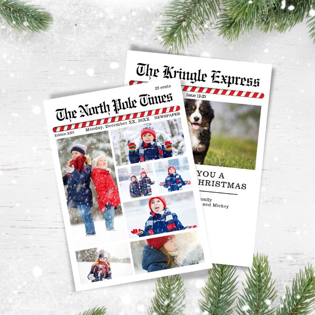 Fun Merry Christmas Photo Collage Newspaper Holiday Card (With a candy cane-striped headlines. )