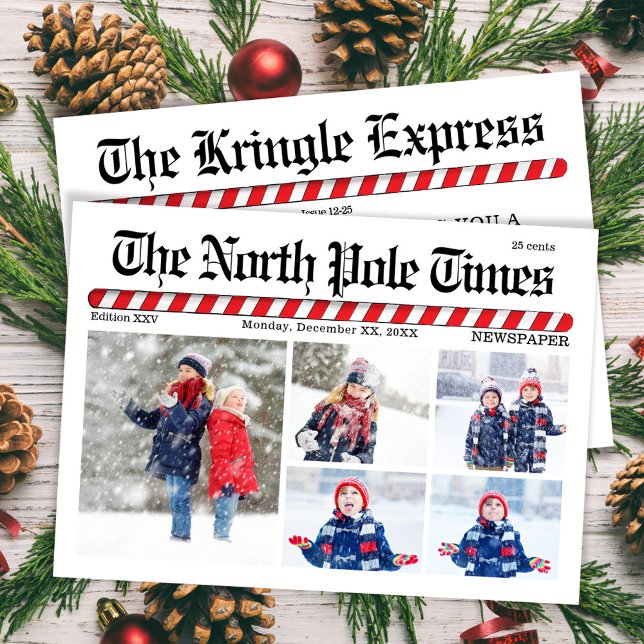 Fun Merry Christmas Photo Collage Newspaper Holiday Card (The North Pole Times Multi photo holiday greeting card.)