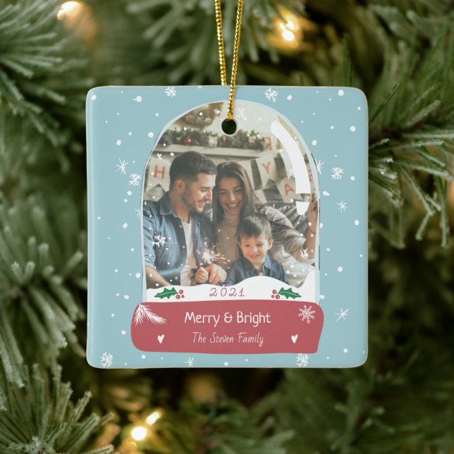 Fun Merry Christmas photo snow globe illustration Ceramic Ornament (Tree)