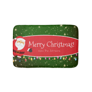 Fun Merry Christmas Santa Last Name Red and Green Bath Mat