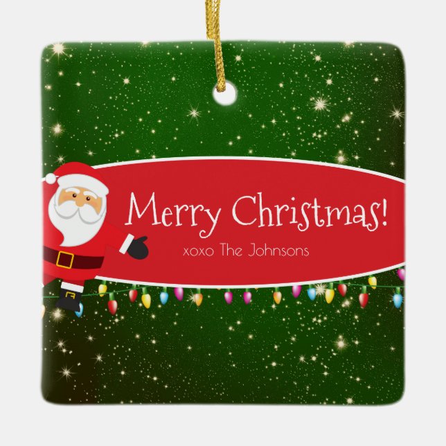 Fun Merry Christmas Santa Last Name Red and Green Ceramic Ornament (Front)