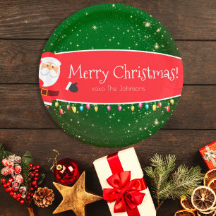  Fun Merry Christmas Santa Last Name Red and Green Paper Plate
