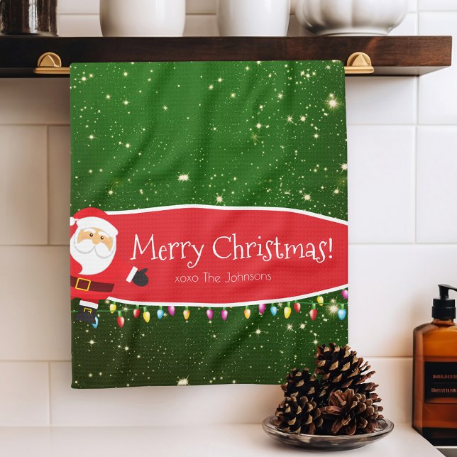  Fun Merry Christmas Santa Last Name Red and Green Tea Towel (Creator Uploaded)