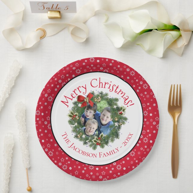 Fun Merry Christmas Wreath Photo Frame Holiday Paper Plate (Wedding)