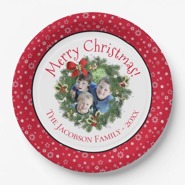 Fun Merry Christmas Wreath Photo Frame Holiday Paper Plate (Front)