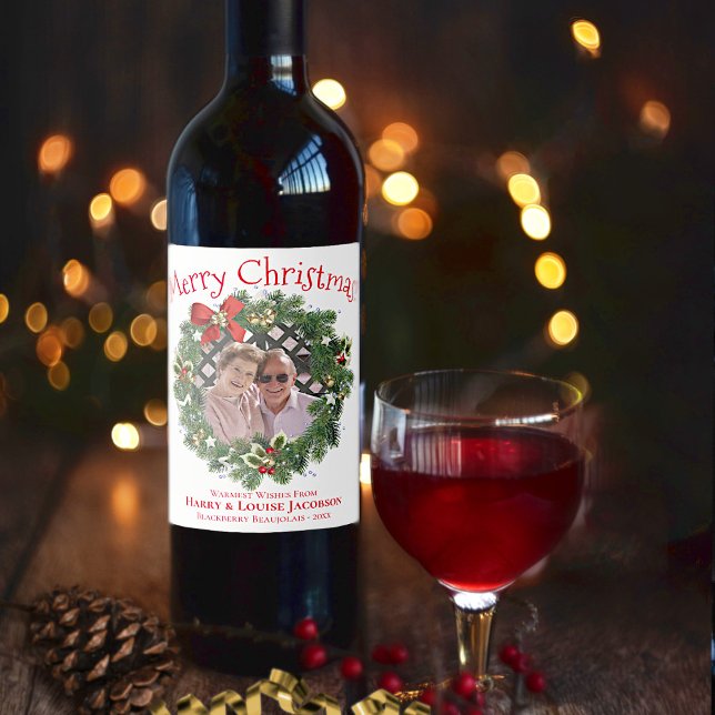 Fun Merry Christmas Wreath Picture Frame Holiday Wine Label (In Situ with Glass)