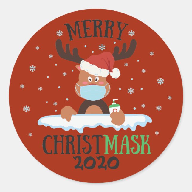 Fun merry Christmask reindeer face mask sanitizer Classic Round Sticker (Front)