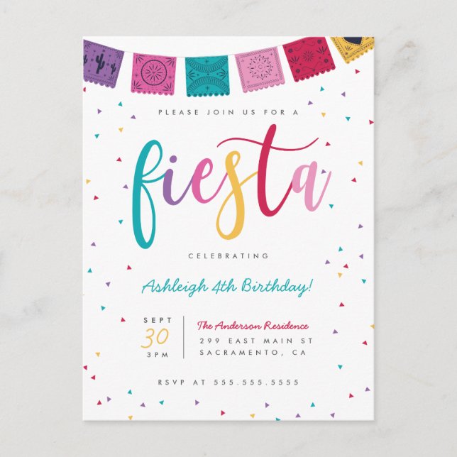 Fun Mexican Colourful Script Fiesta Kids' Birthday Invitation Postcard (Front)