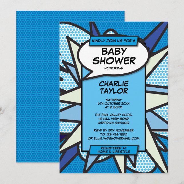Fun Modern Baby Shower Boy Blue Comic Invitation (Front/Back)
