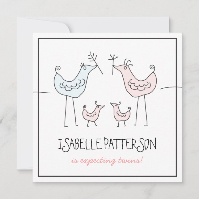 Fun Modern Birds Twin Baby Girl Shower Invitation (Front)