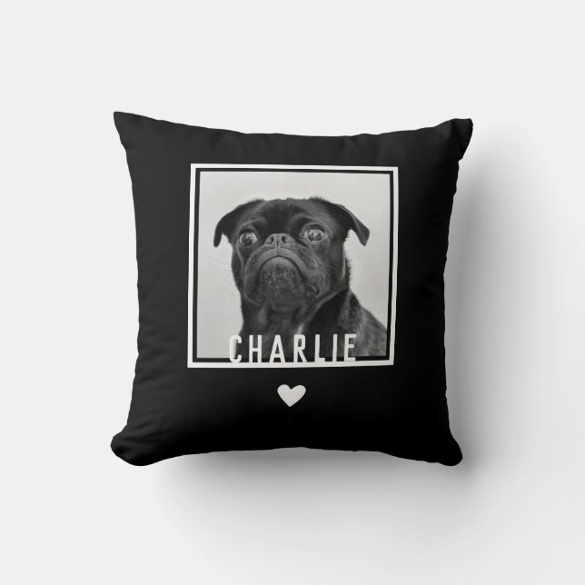 Fun Modern Black White Pug Heart Dog Photo Name Cushion (Front)