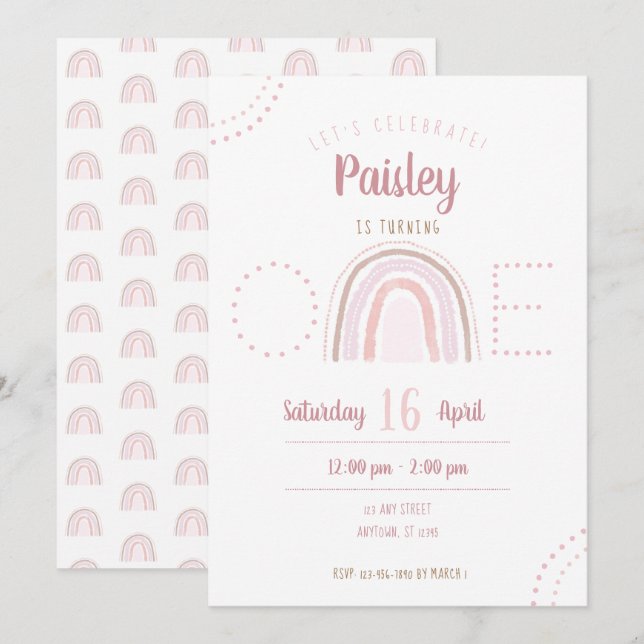 Fun Modern Boho Pink Rainbow First Birthday Invitation (Front/Back)