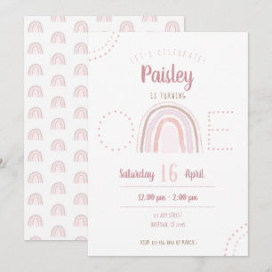 Fun Modern Boho Pink Rainbow First Birthday Invitation