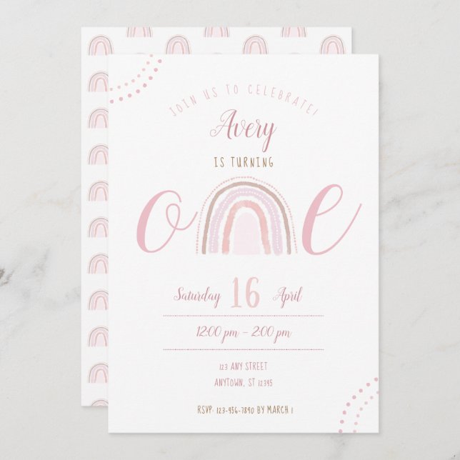 Fun Modern Boho Pink Rainbow First Birthday Invitation (Front/Back)