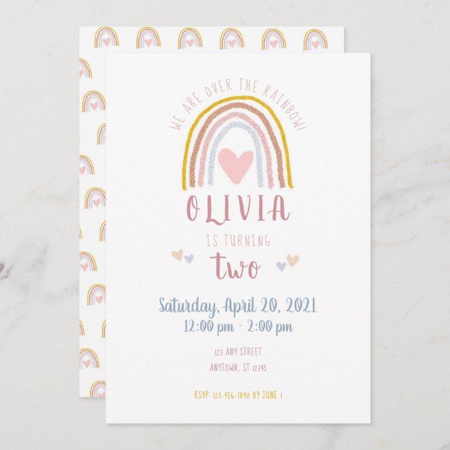Fun Modern Boho Rainbow Heart Second Birthday Invitation (Front/Back)