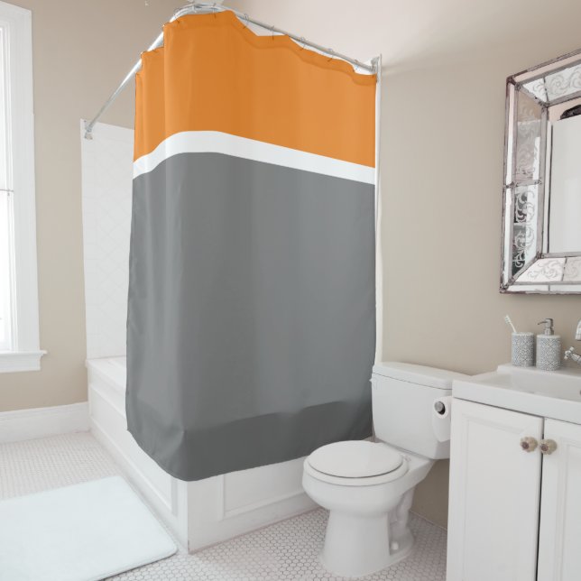 Fun Modern Bright Orange Grey White Colour Block Shower Curtain (In Situ)