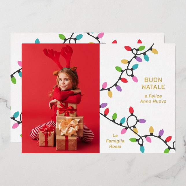 Fun Modern Buon Natale Christmas Lights Photo Foil Holiday Card (Front/Back)
