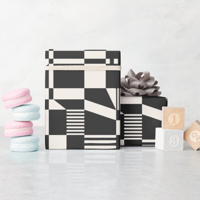 Fun Modern Chequered Black & Cream Wrapping Paper (Baby Shower)