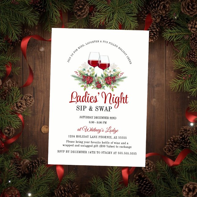 Fun Modern Christmas Sip & Swap Cocktail Party Invitation (Elegant and festive ladies' night sip and swap gift exchange invitation for wine cocktail event)