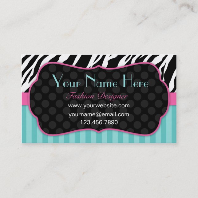 Fun, Modern, Colourful Zebra.  Blue, Pink & Black Business Card (Front)