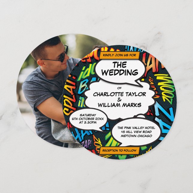 Fun Modern Comic Book Photo Circle Wedding Invitation (Front/Back)