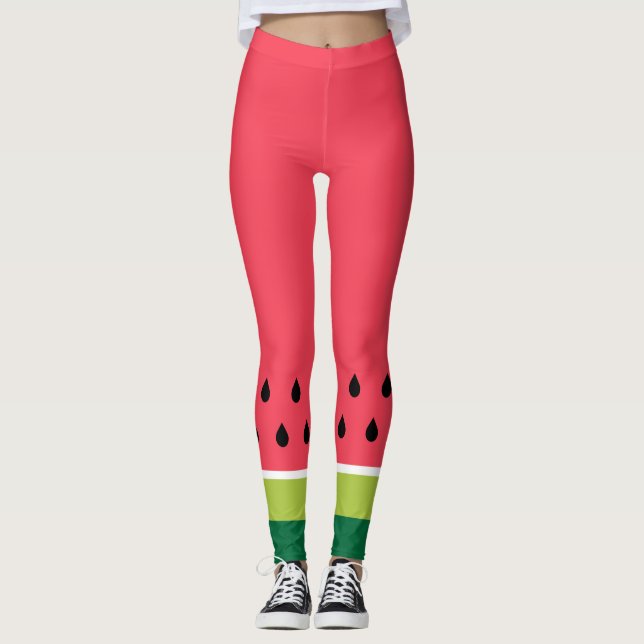 Fun Modern Coral Pink Green Watermelon Melon Leggings (Front)