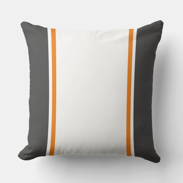 Fun Modern Dark Grey White Orange Racing Stripes Cushion (Front)