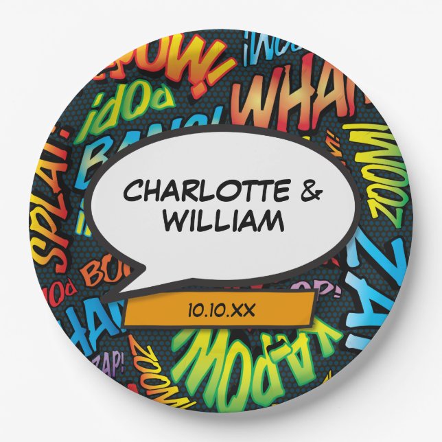 Fun Modern Designer Typographic Comic Book Paper Plate (Front)