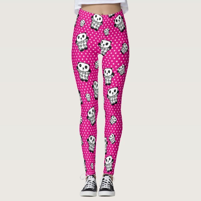 Fun Modern Girly Pink Cute Kawaii Panda Bear Leggings (Front)