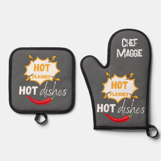 Fun Modern Hot Flashes Hot Dishes Oven Mitt & Pot Holder Set (Front)