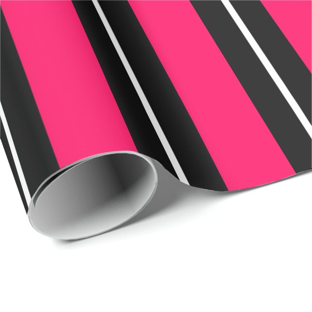 Fun & Modern Hot Pink, Black & White Stripes Wrapping Paper (Roll Corner)