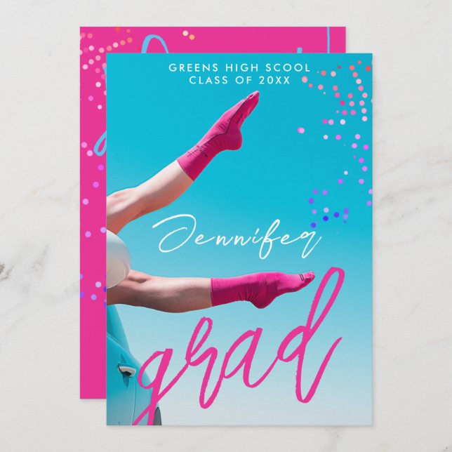 Fun Modern Hot Pink Typo College School Grad Photo Announcement (Front/Back)