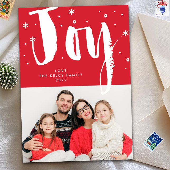 Fun Modern Joy Brush White Red Christmas Photo Holiday Card (Creator Uploaded)