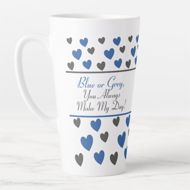 Fun, Modern Motivational Cute Blue, Grey Heart Art Latte Mug (Left)