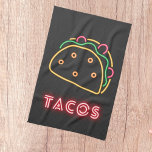 Fun Modern Neon Tacos Symbol   Tea Towel<br><div class="desc">Fun kitchen towel design features neon red "Tacos" text with neon crunchy shell taco silhouette on black background.  Who doesn't love tacos?</div>